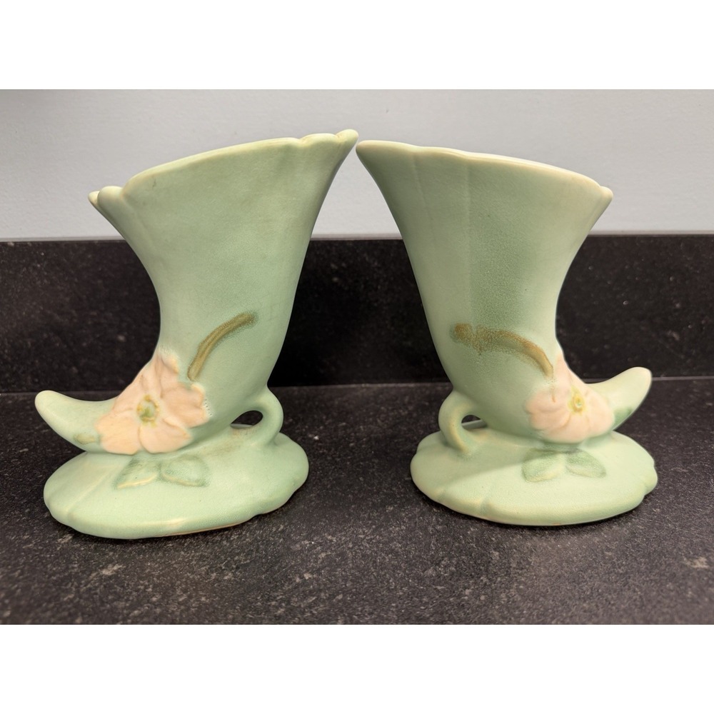 Vintage Weller Wild Rose Cornucopia Vase Pair Matte Green Art Pottery